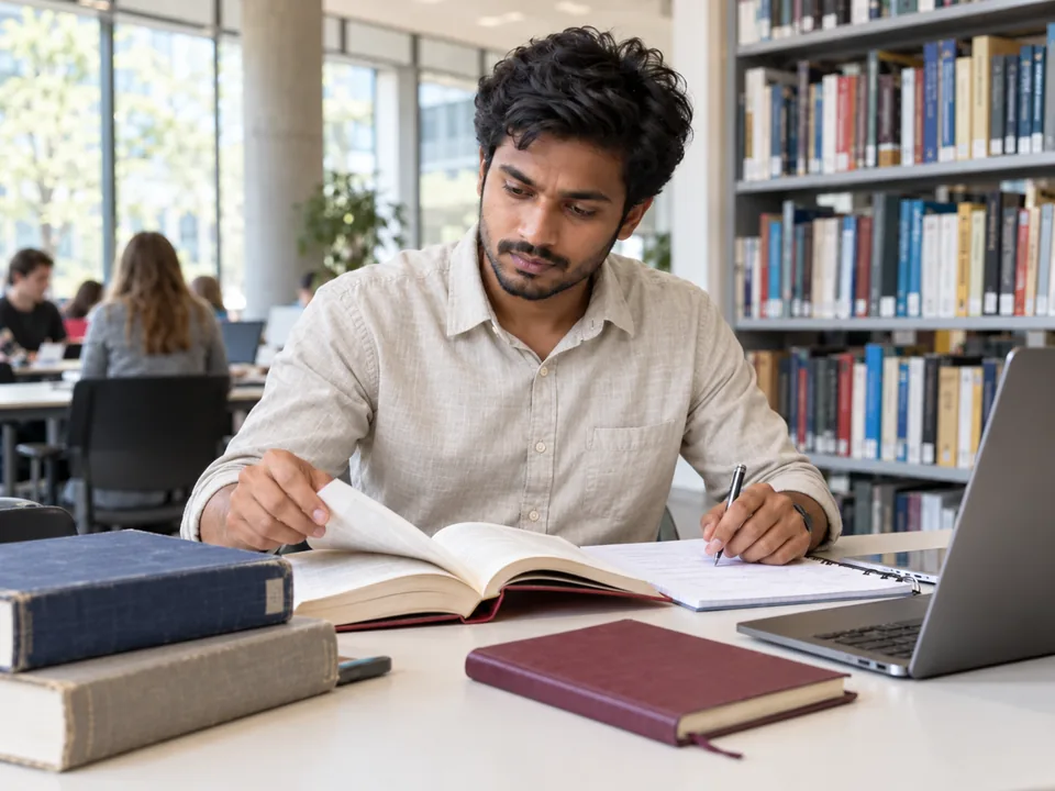 Student vergleicht ein geöffnetes Fachbuch mit seinen Notizen an einem Arbeitsplatz in der Bibliothek.