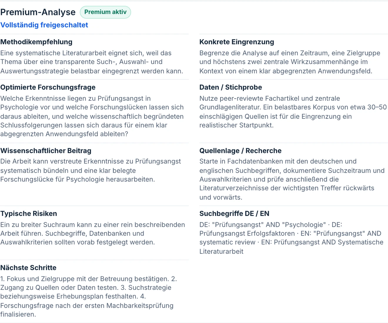 Beispiel der freigeschalteten Premium-Analyse: Methodik, Eingrenzung, Forschungsfrage, Datengrundlage, wissenschaftlicher Beitrag, Recherche, Risiken, Suchbegriffe und nächste Schritte.