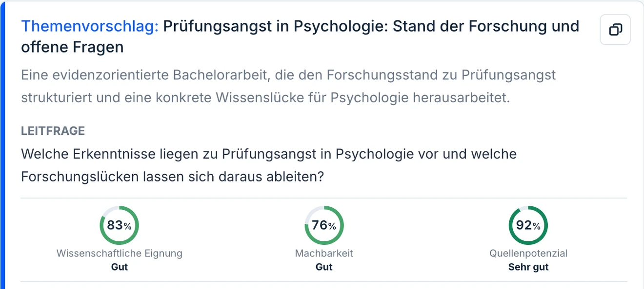 Beispiel aus dem Themenfinder: Prüfungsangst in Psychologie, mit Beschreibung, Leitfrage und drei Bewertungsskalen.